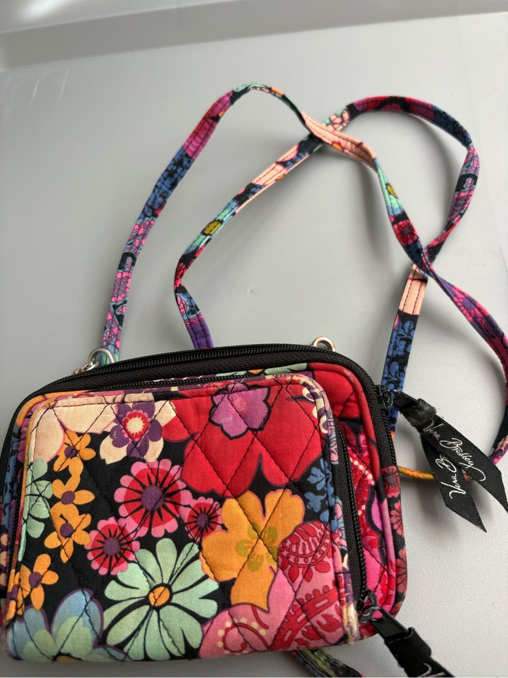 Vera Bradley Black Floral Quilted Crossbody Bag with Multicolor Strap
